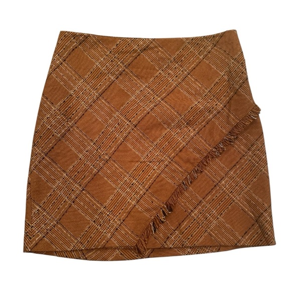 Free People Dresses & Skirts - Free People Brown Plaid Tweed Fringe Mini Skirt Fall Preppy Academia Sz 4